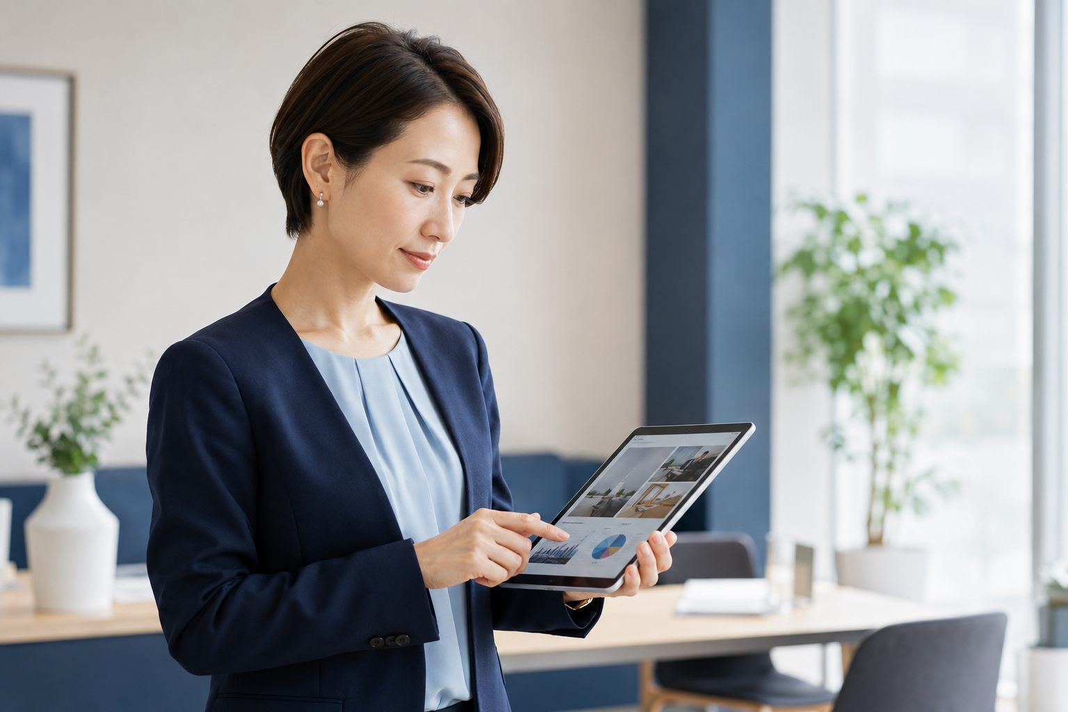 EC販売パートナーシップでタブレットを操作する女性スタッフ